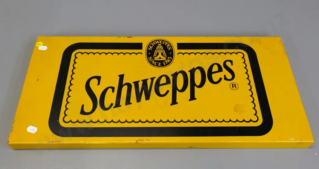 yellow metal Schweppes sign / drinks bin lid - some rubbing to finish H-240 W-520 Image 1++