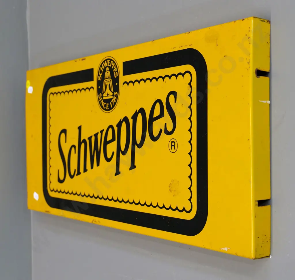 yellow metal Schweppes sign / drinks bin lid - some rubbing to finish H-240 W-520 Image 1++