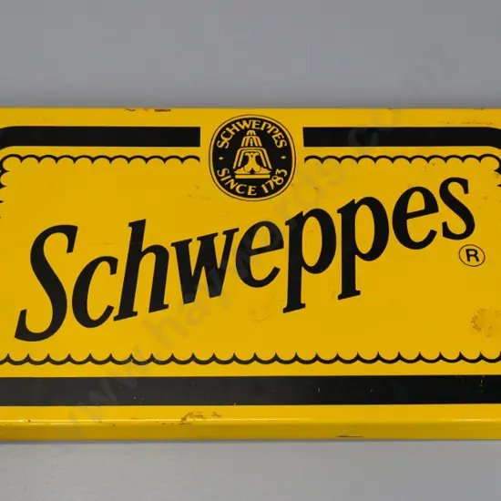 yellow metal Schweppes sign / drinks bin lid - some rubbing to finish H-240 W-520