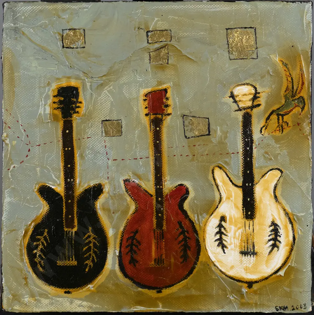 Emma Milburn 2003 - boxed mixed media on canvas "3 guitars" H-205 W-205 Image 1++