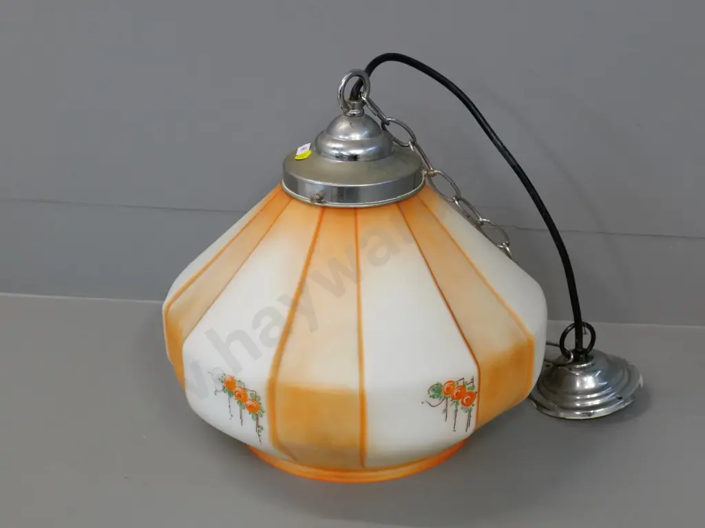 deco hand painted orange & white with floral glass ceiling light fitting w/chrome journal - some pitting H-300 D-320 Image 1++
