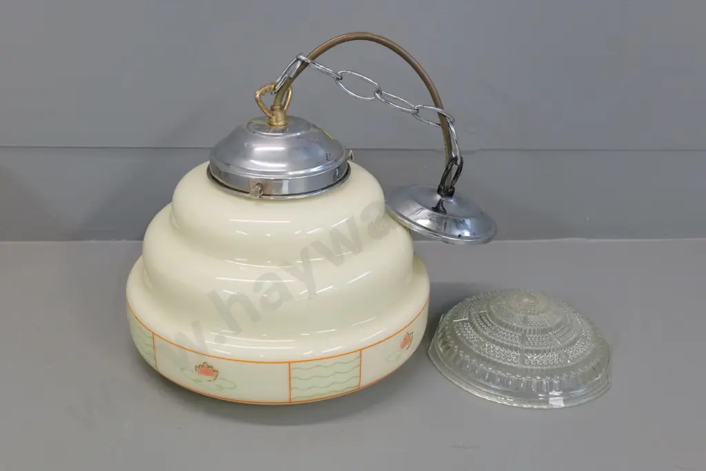 deco hand-painted cream glass and lotus flower motif ceiling light with chrome journal & bracket- chip to rim H270 D250 Image 1++