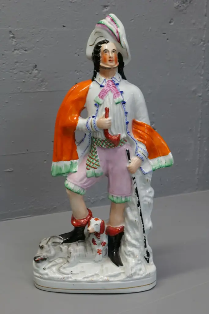 Victorian Staffordshire flat back figure - hunter with dog and boar H-480 - some finish loss Image 1++