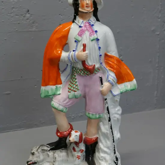 Victorian Staffordshire flat back figure - hunter with dog and boar H-480 - some finish loss