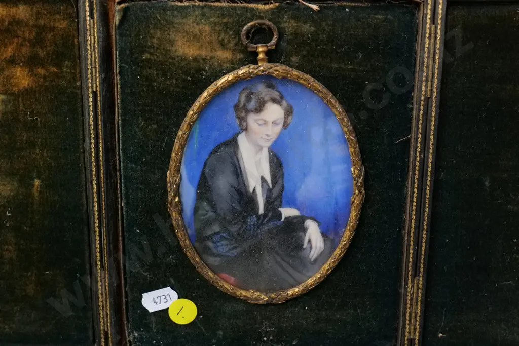 portrait in folding case frame - note in frame IDs as author Daphne Muir, likely painted in South Africa H200 W310 open Image 1++