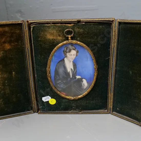 portrait in folding case frame - note in frame IDs as author Daphne Muir, likely painted in South Africa H200 W310 open