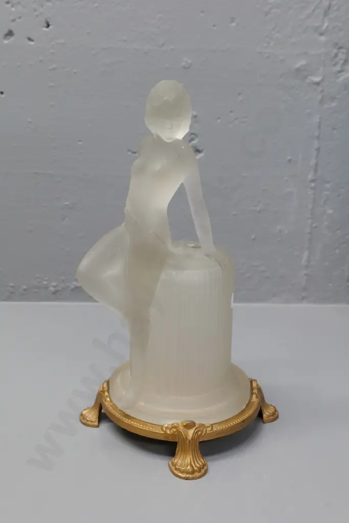 deco style figural frosted glass lamp on cast metal base, no fittings H-260 - small chips to base of glass Image 1++