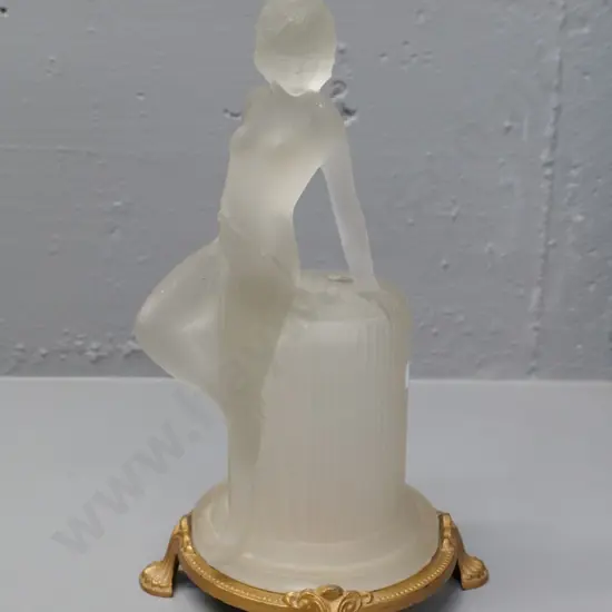 deco style figural frosted glass lamp on cast metal base, no fittings H-260 - small chips to base of glass