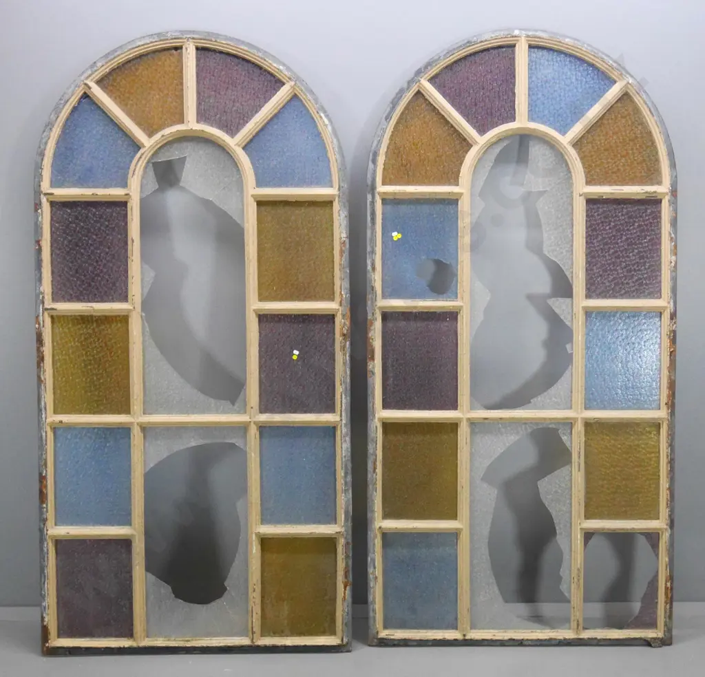 pair of very large antique windows with cast iron frames, rounded ends - corrosion & broken glass panels H2100 W1060 Image 1++