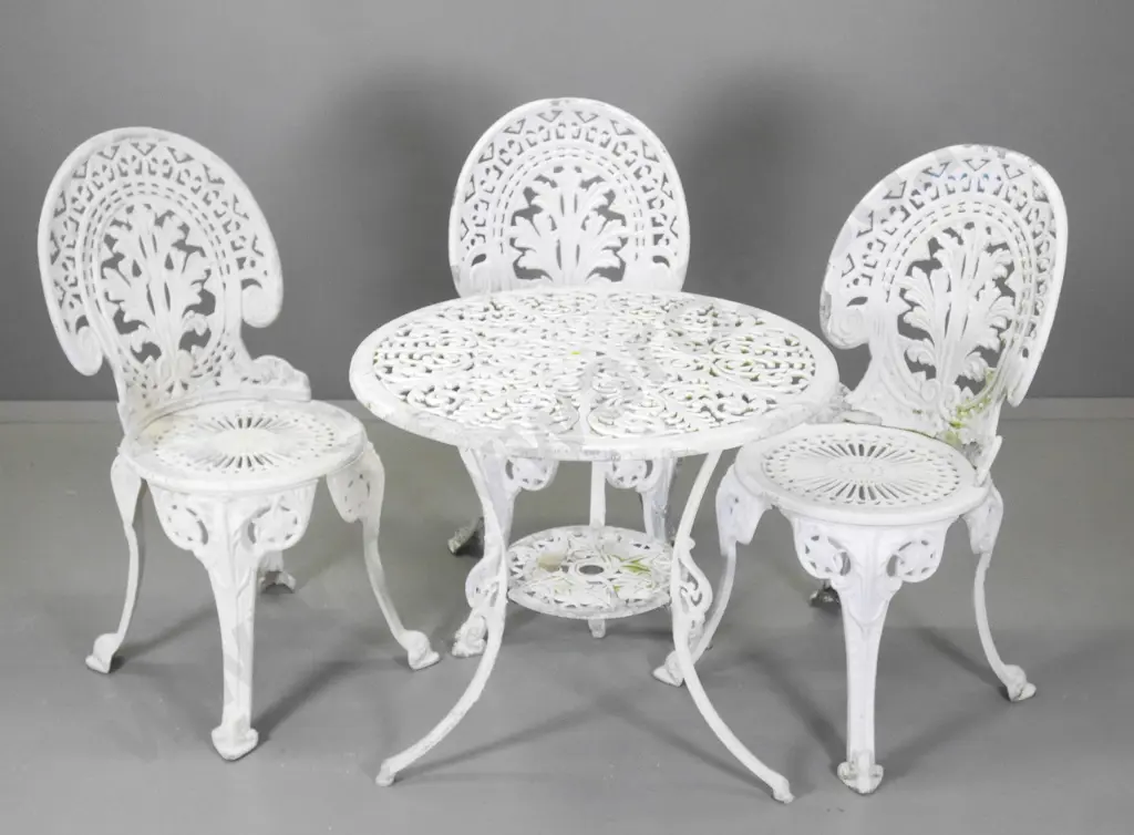 NZ-made white painted cast aluminium Victorian style outdoor table & 3 chairs - some paint loss. Table H620 D670 Image 1++