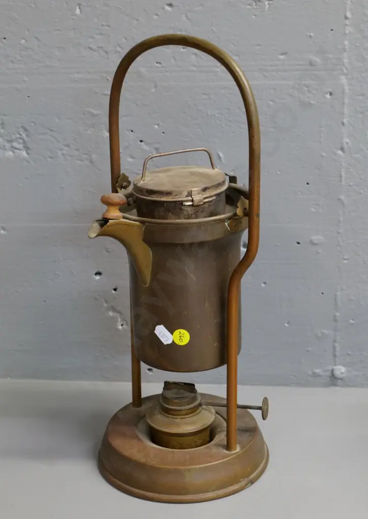 tilting brass (worn copper plating?) coffee perc on stand with spirit heater H-380 W-160 Image 1++