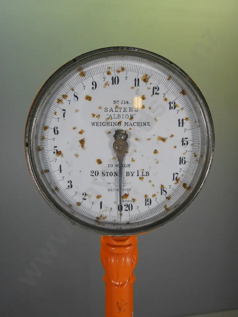 vintage Salters 'Albion' doctor's scales w/English weight marks in stones. Some corrosion to dial. H1730 W290 D570 H- Image 1++