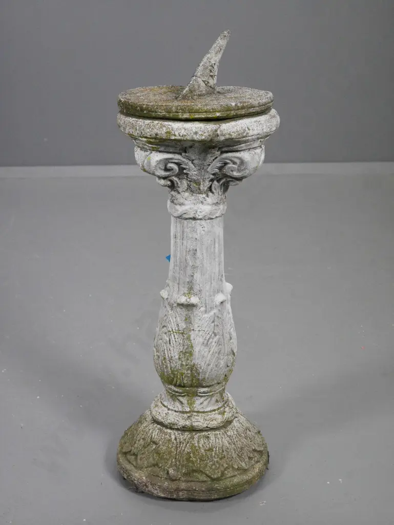 small cast concrete sundial on column base, aged white finish, has had repair to pointer H-660 D-240 at base Image 1++