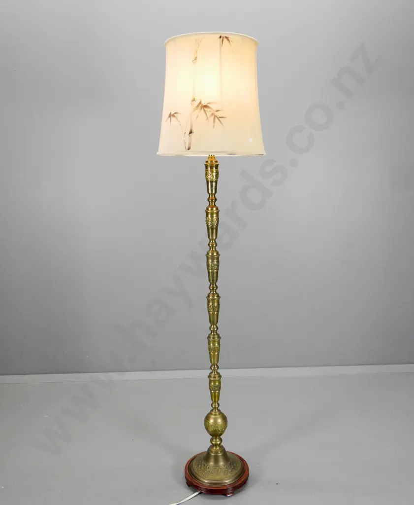 cast brass standard lamp with wooden base - some stains to silk shade. H-1730 Shade D-400 Image 1++