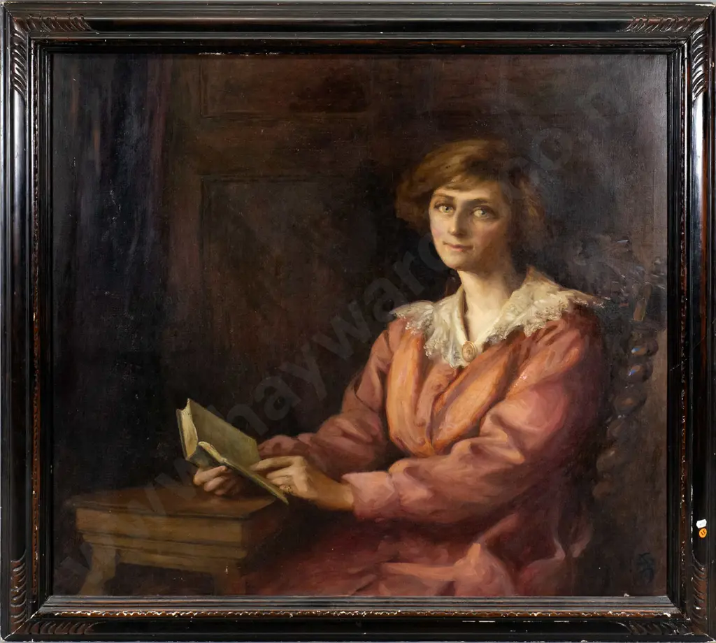 framed oil on canvas -portrait of a woman reading - slight damage to frame H-870 W-970 Image 1++