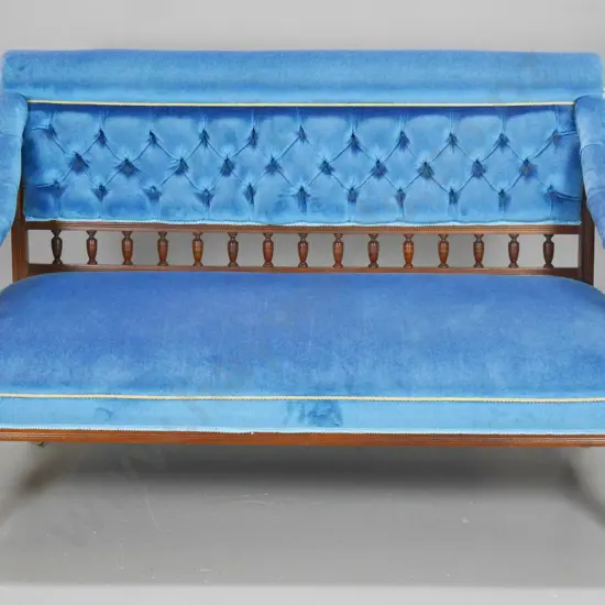 vintage high back settee with blue velvet upholstery, deep-button spindle back, porcelain casters H890 W1310 D700