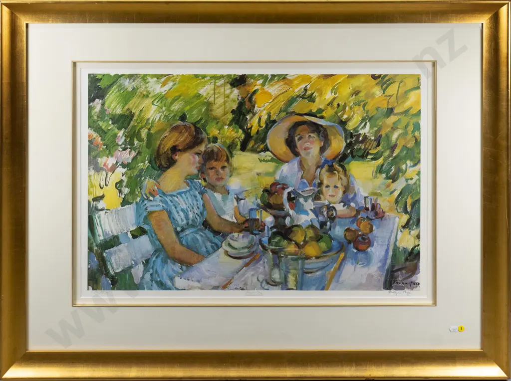 framed and signed Evelyn Page ltd edition print 180/500 "Luncheon Under the Ash Tree" H-510 W-770 Image 1++