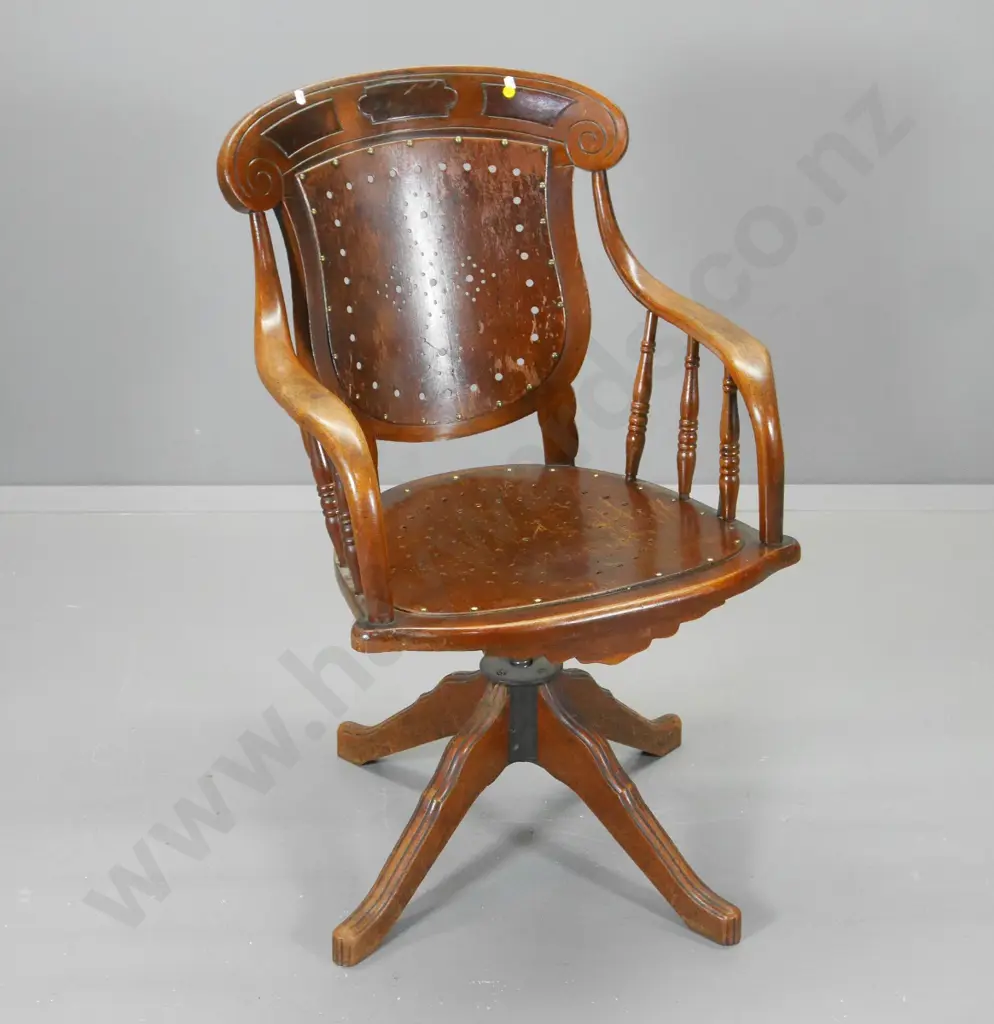 vintage mahogany swivel and tilt desk chair with pierced seat and back w/loose cushion H920 W550 D470 Image 1++