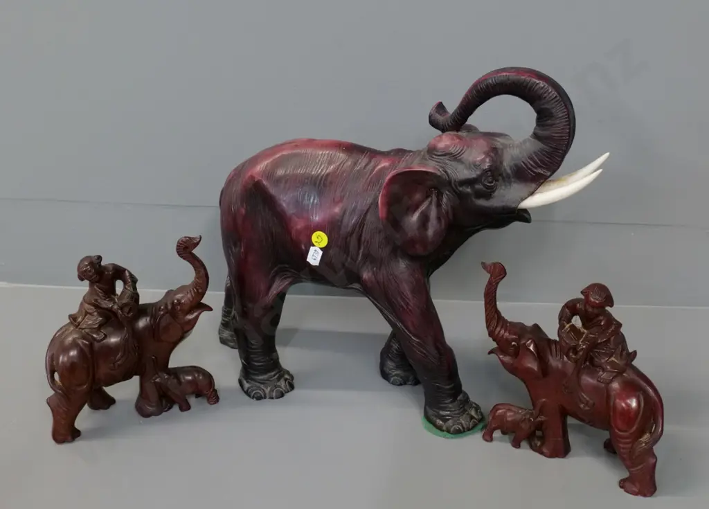 3 composite elephant figures - larger is H-320 L-380, some rubbing to back Image 1++