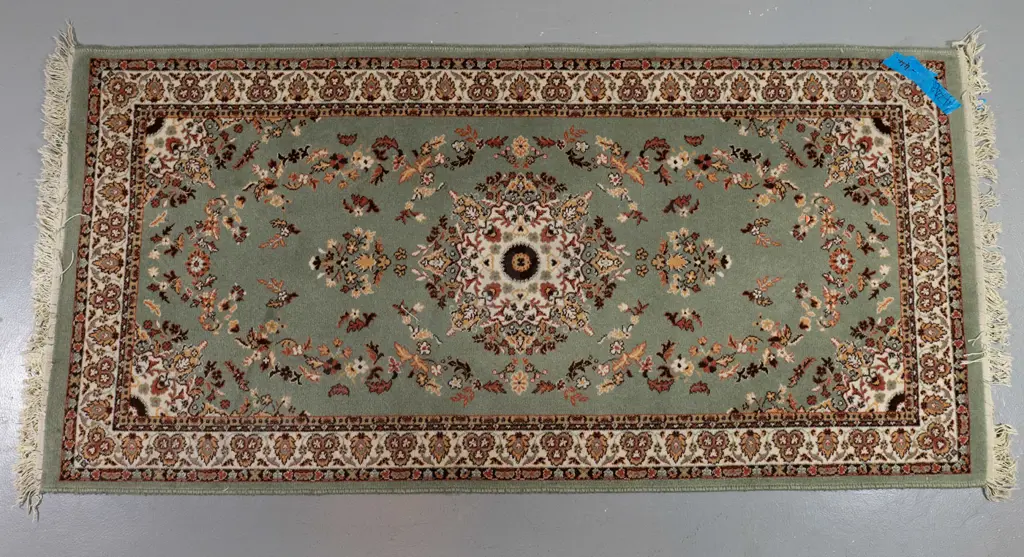 woven wool traditional style floor rug - pale green, coral and cream L-1900 W-900 Image 1++