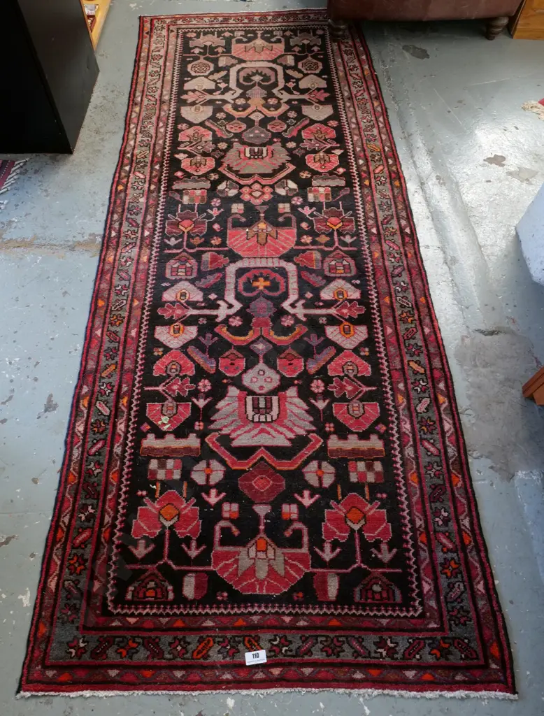 Hamaden hand-knotted wool Persian floor rug - reds, greys and black - has fading L-2960 W-1150 Image 1++