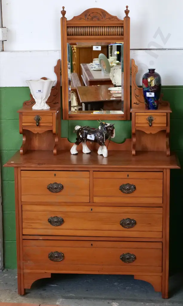 vintage kauri 4 drawer dresser w/carved detail, tilt bevelled mirror, 2 jewellery drawers on top H1680 W1020 D440 Image 1++