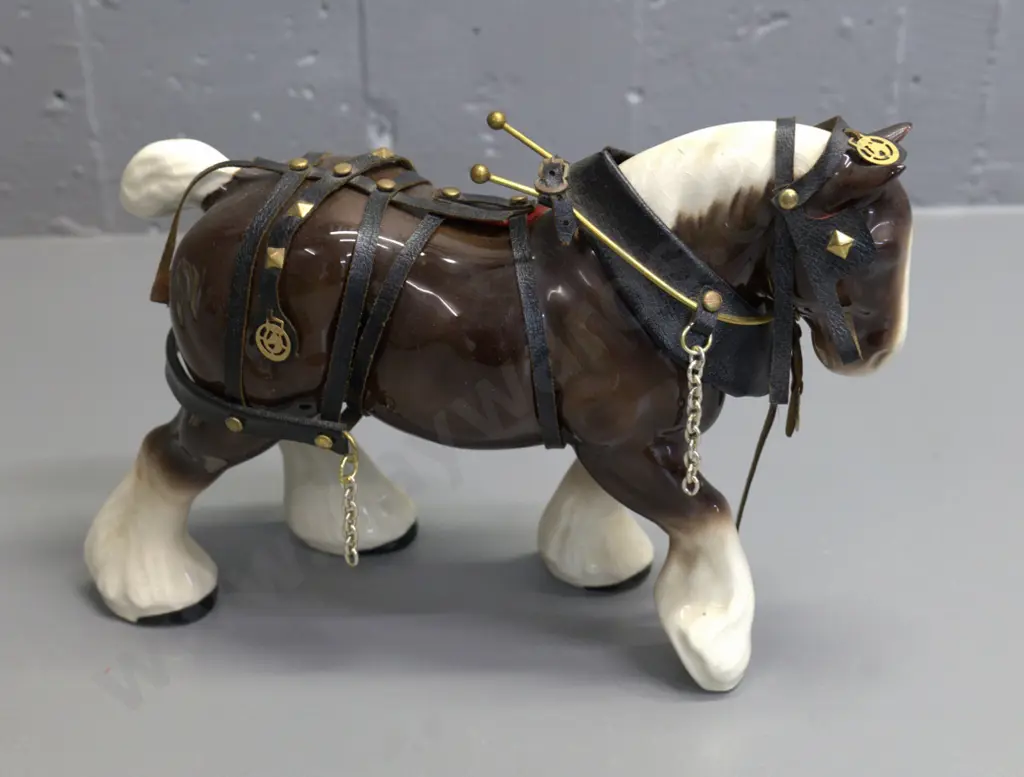 porcelain draught horse figure with leather harness - no maker's mark visible H-210 L-300 Image 1++