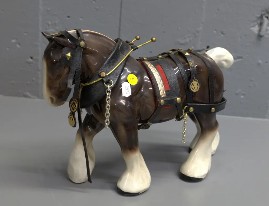 porcelain draught horse figure with leather harness - no maker's mark visible H-210 L-300 Image 1++