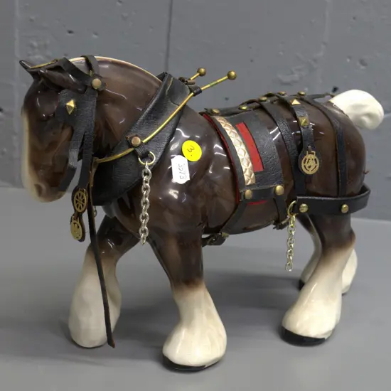 porcelain draught horse figure with leather harness - no maker's mark visible H-210 L-300