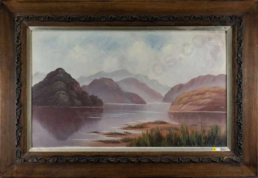 illegible signature - framed oil - lake & mountain scene H-450. W-760 Image 1++