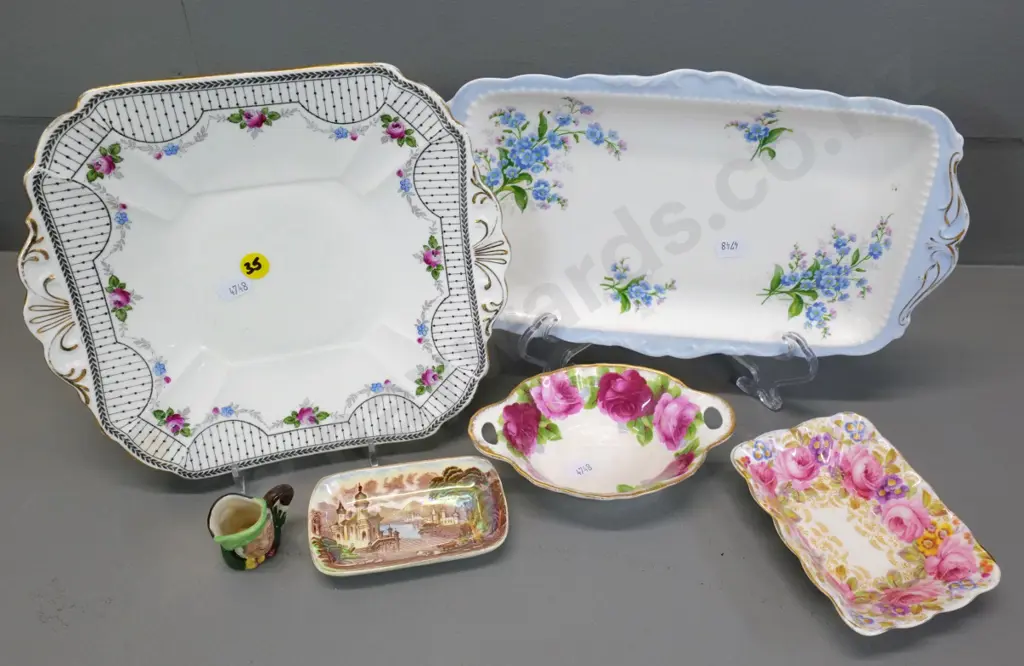 assorted English china - 3 pieces Royal Albert, Maling pin dish, Shelley cake plate, small Doulton character jug Image 1++