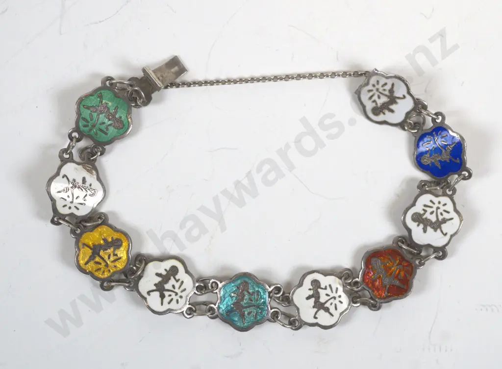 silver/enamel coloured braclet with safety chain stamped Siam sterling Image 1++