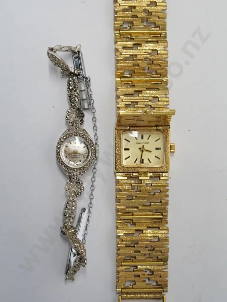 gold plated 'Sandoz' ladies watch & silver marcasite ladies watch Image 1++
