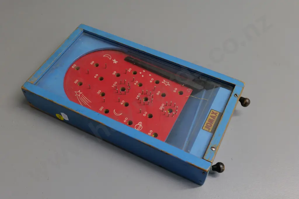 Jomax miniature spring-loaded pinball/bagatelle game under glass cove - working but one knob bent L-290 W-160 D-50 Image 1++
