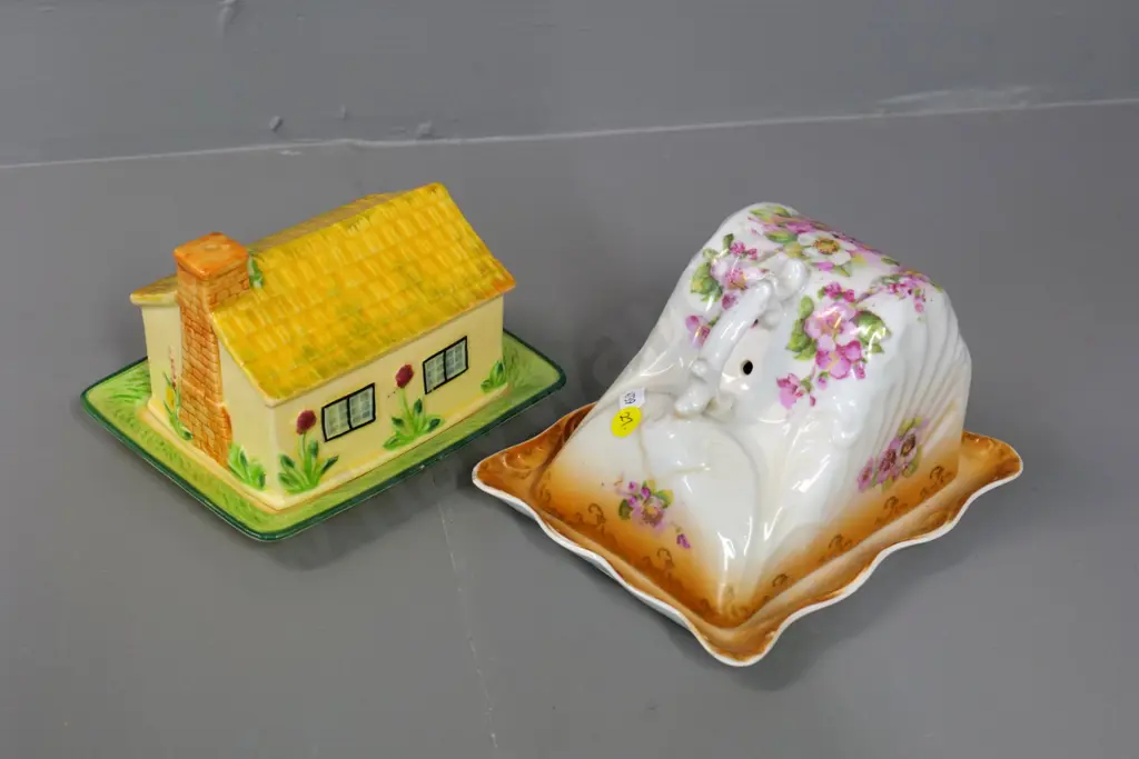 Victorian style cheese cover dish and Marutono Ware Japan cottage butter cover dish w/some stain/crazing Image 1++