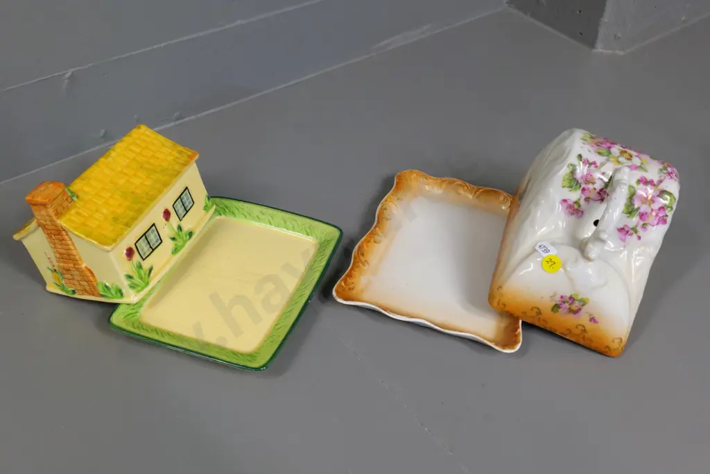 Victorian style cheese cover dish and Marutono Ware Japan cottage butter cover dish w/some stain/crazing Image 1++
