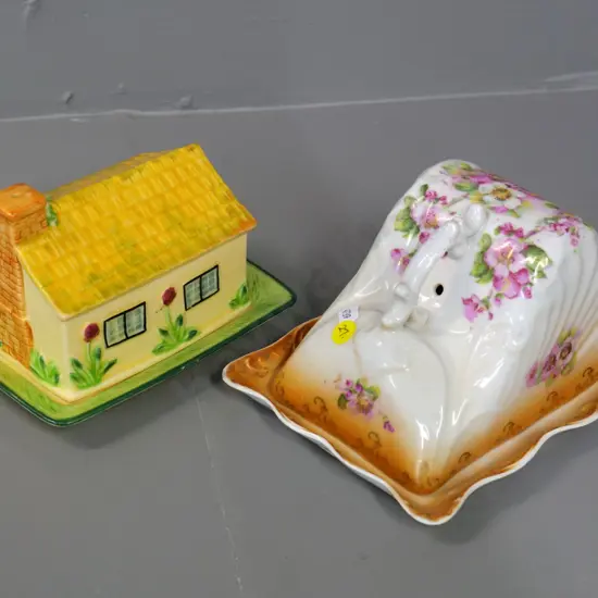 Victorian style cheese cover dish and Marutono Ware Japan cottage butter cover dish w/some stain/crazing