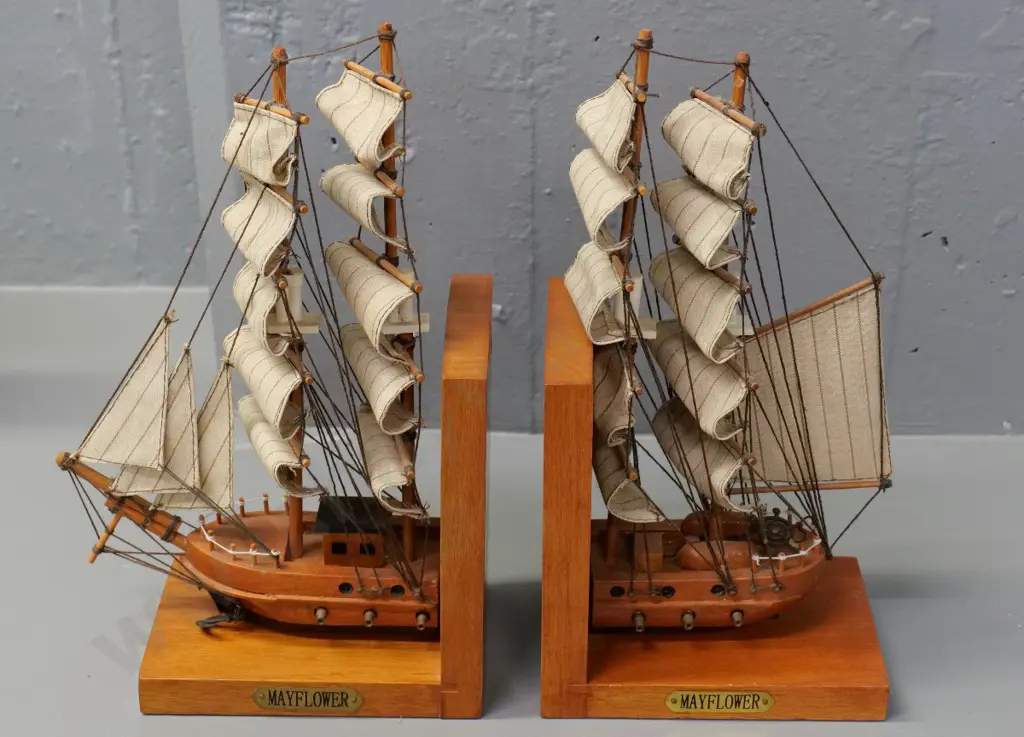 pair of Mayflower sailing ship themed book-ends - timber w/rigging and fabric sails, each H300 W150 D100 Image 1++