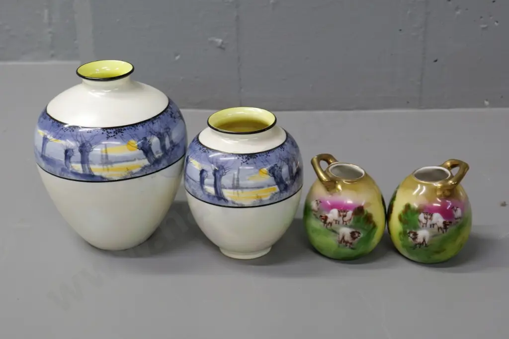 2 Royal Doulton Moonlight lustre vases - larger is H-150 - and a pair of Beyreuth sheep vases Image 1++