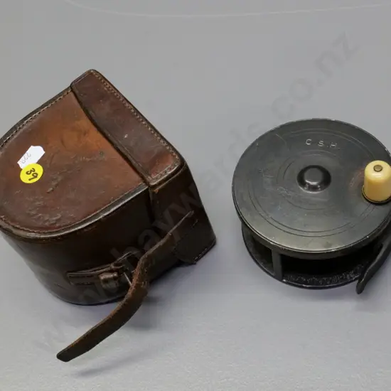 Farlow London fly fishing reel with bone knob, in leather case - diameter 100