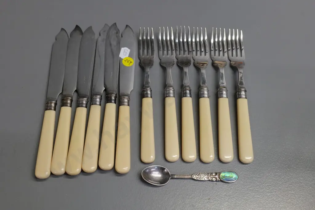 set of 6 bone-handled fish knives and forks and a small souvenir Maori motif spoon with  inset paua Image 1++