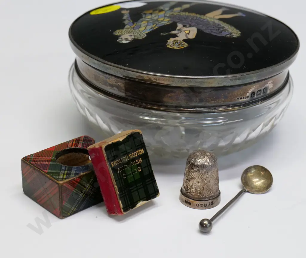 sterling silver topped powder pot with butterfly wing decoration, sterling mustard spoon & thimble, miniature songbook Image 1++