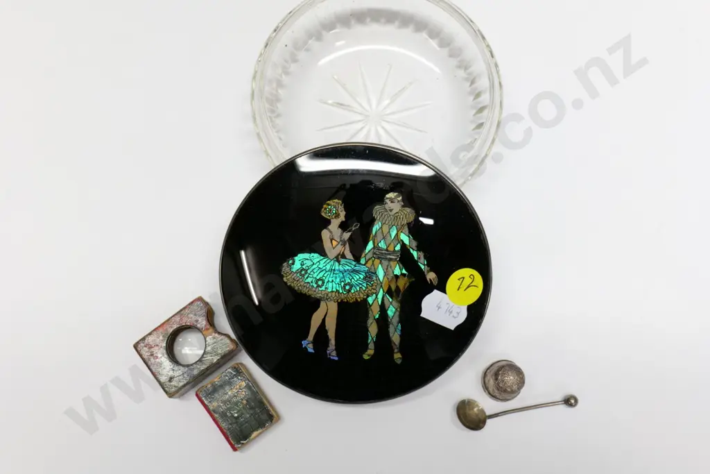 sterling silver topped powder pot with butterfly wing decoration, sterling mustard spoon & thimble, miniature songbook Image 1++