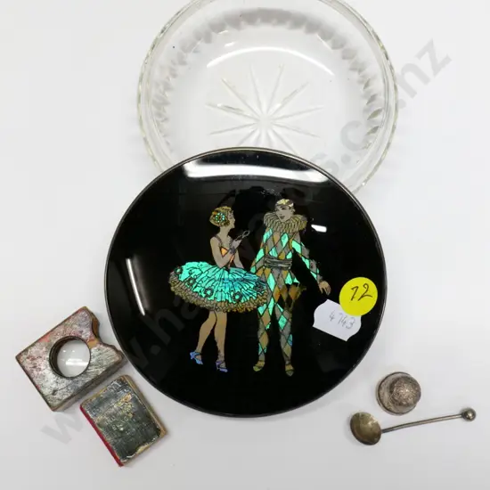 sterling silver topped powder pot with butterfly wing decoration, sterling mustard spoon & thimble, miniature songbook