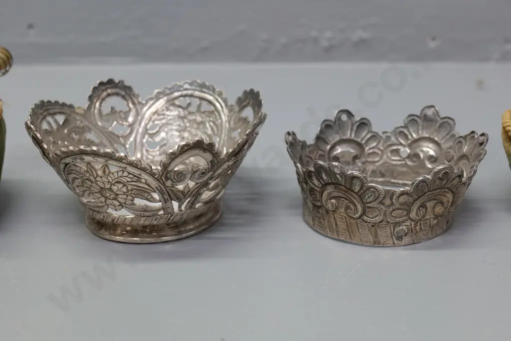 2 vintage pin cushions with pierced metal (silver?) holders and a few odd pins - larger is H-80 D-110 at widest Image 1++