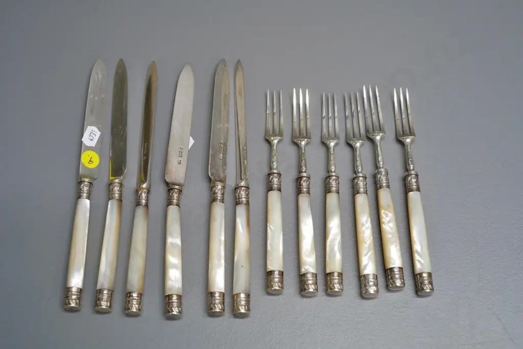 sterling silver fruit set with mother of pearl handles - collars and blades/forks are sterling marked Image 1++