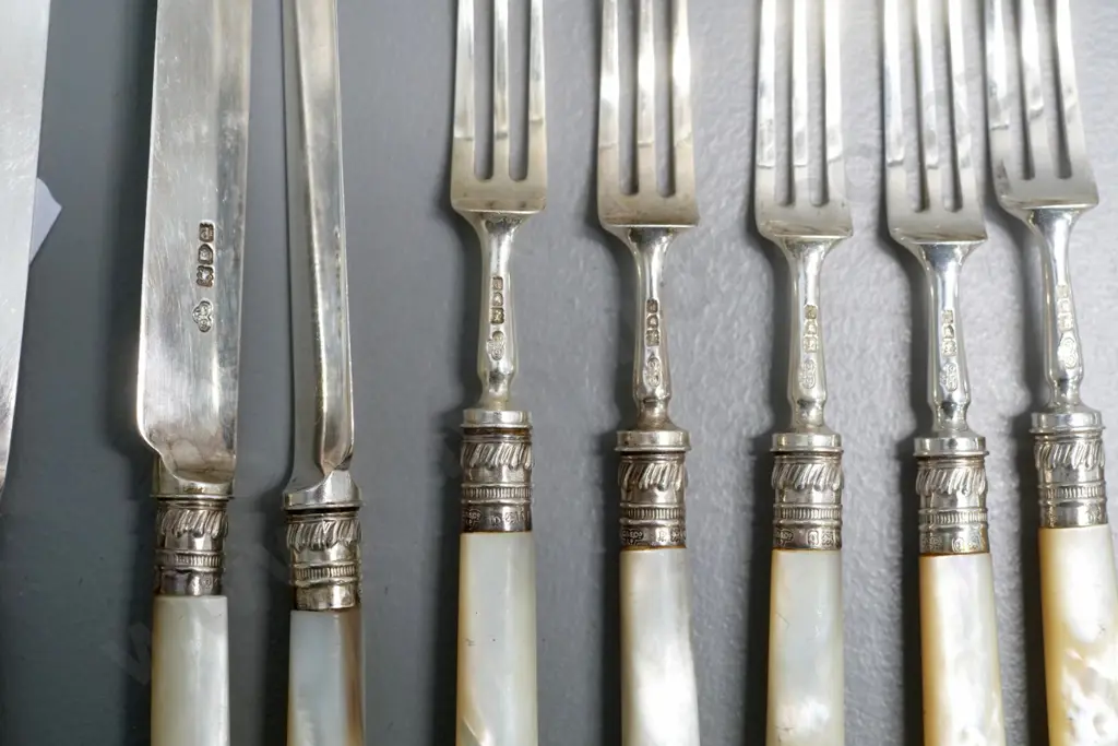sterling silver fruit set with mother of pearl handles - collars and blades/forks are sterling marked Image 1++