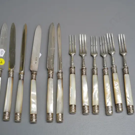 sterling silver fruit set with mother of pearl handles - collars and blades/forks are sterling marked