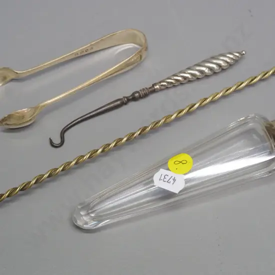 glass scent bottle with sterling silver cap, plated button hook, sugar tongs & Brazil coin spoon with agate in handle