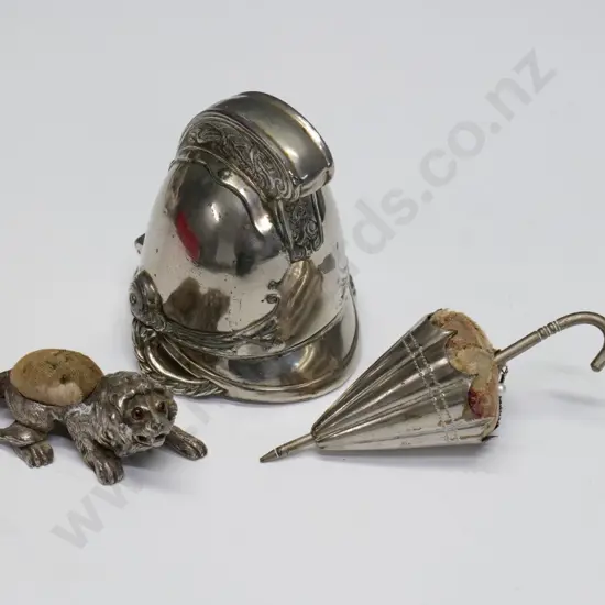 3 vintage novelty metal pin cushions - largest is hinged fireman's helmet 100 x 100, wear to fabric